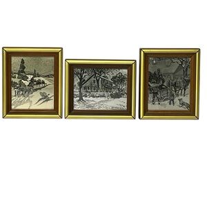 Framed Foil Etching Winter Farmhouse Horses 6" x 5" Set of 3